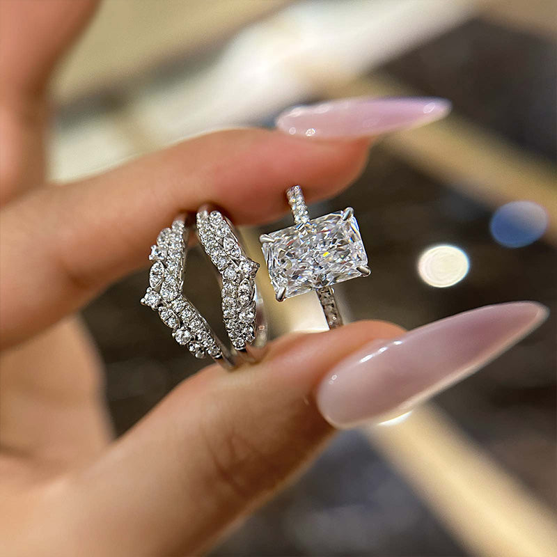 Louily Elegant Radiant Cut Insert Wedding Ring Set For Women In Sterling Silver - louilyjewelry