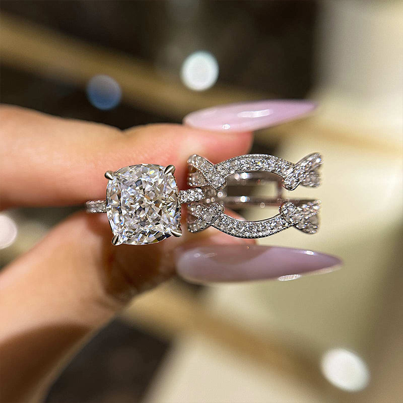 Louily Vintage Cushion Cut Insert Wedding Ring Set For Women In Sterling Silver - louilyjewelry