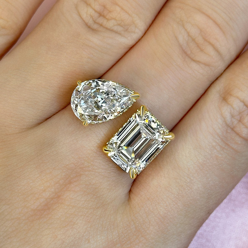 Louily Unique Double Stones Design Emerald Cut & Pear Cut Engagement Ring - louilyjewelry