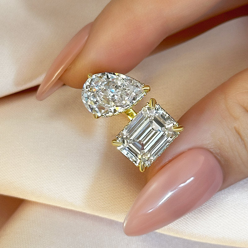 Louily Unique Double Stones Design Emerald Cut & Pear Cut Engagement Ring - louilyjewelry