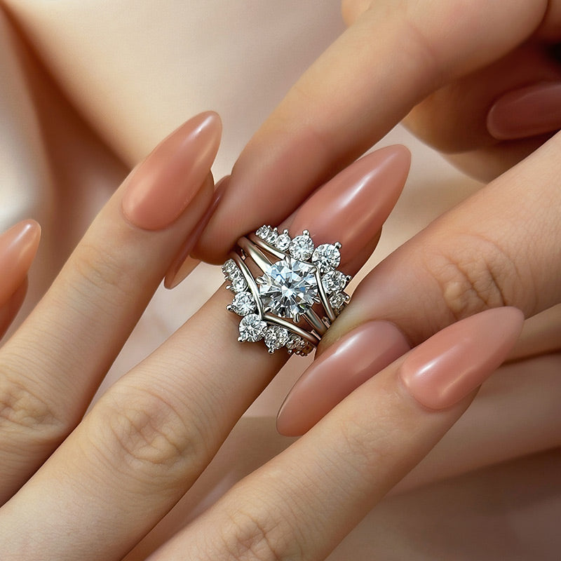 Louily Unique Crown Design Round Cut Insert Wedding Ring Set - louilyjewelry