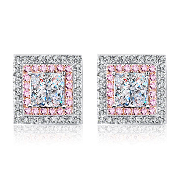 Louily Moissanite Halo Princess Cut Stud Earrings In Sterling Silver