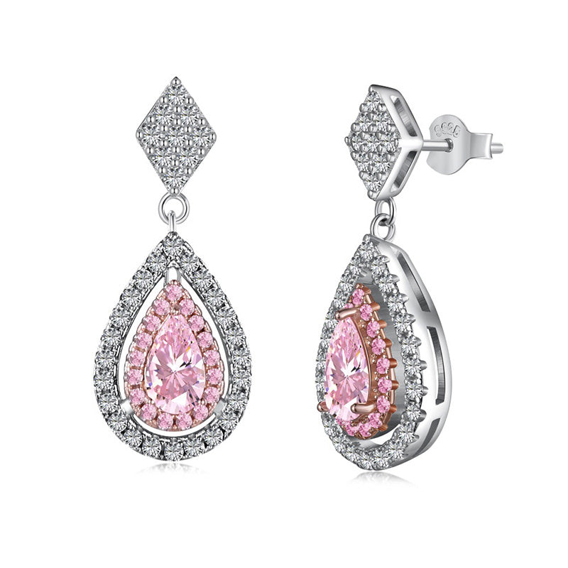 Louily Pink Stone Double Halo Pear Cut Women's Earrings - louilyjewelry