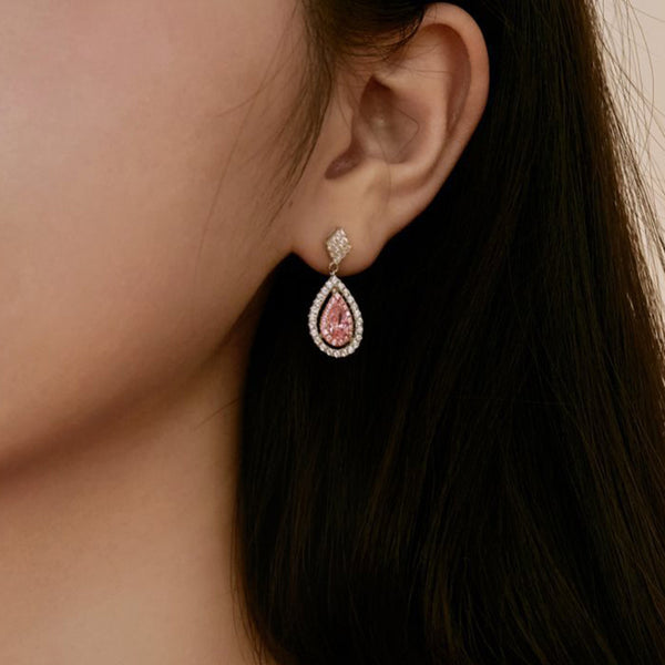 Louily Pink Stone Double Halo Pear Cut Women's Earrings