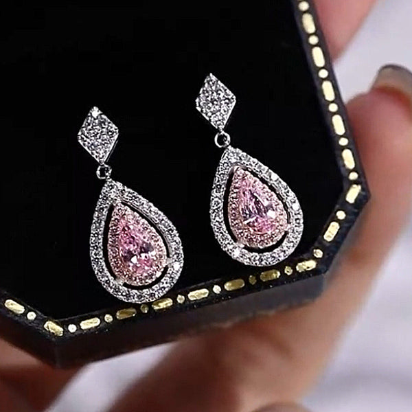 Louily Pink Stone Double Halo Pear Cut Women's Earrings