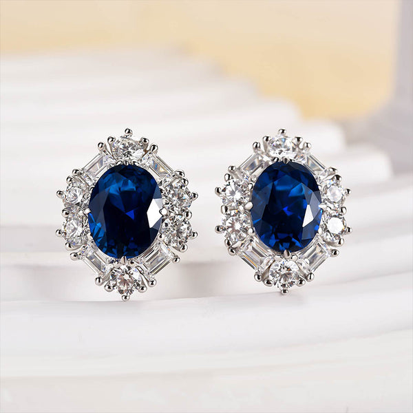 Louily Blue Stone Halo Oval Cut Women's Earrings