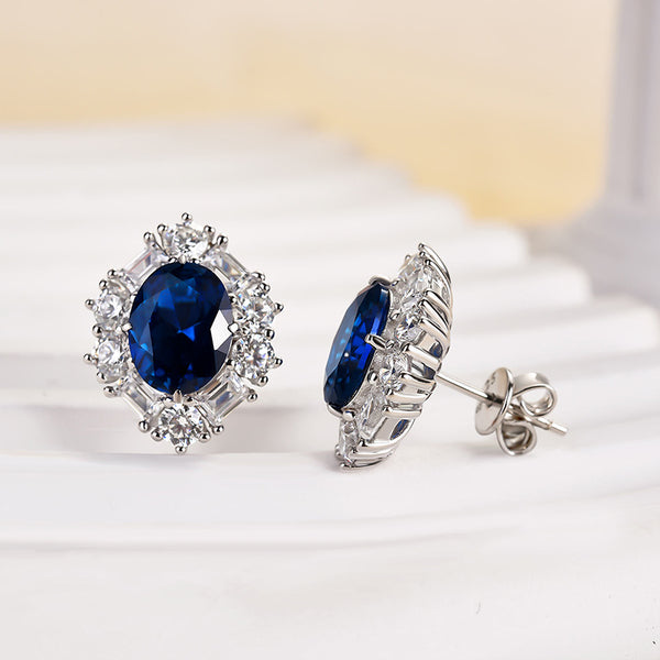 Louily Blue Stone Halo Oval Cut Women's Earrings