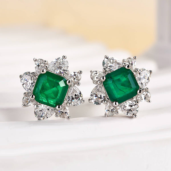 Louily Emerald Green Halo Emerald Cut Earrings