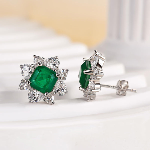 Louily Emerald Green Halo Emerald Cut Earrings