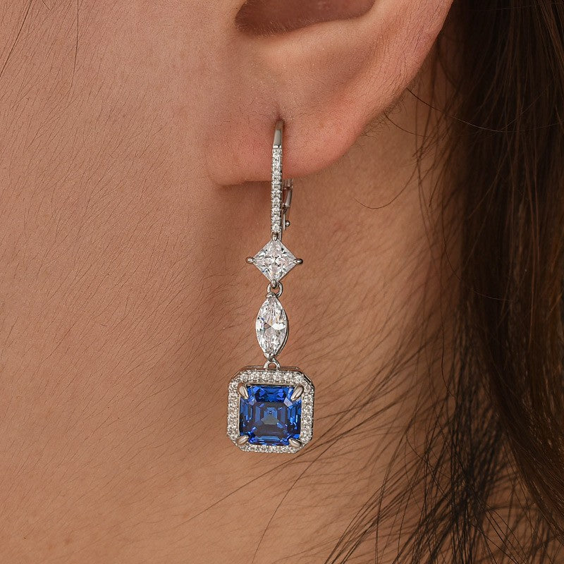 2.0Ct Asscher Cut Blue Stone Drop Earrings In Sterling Silver