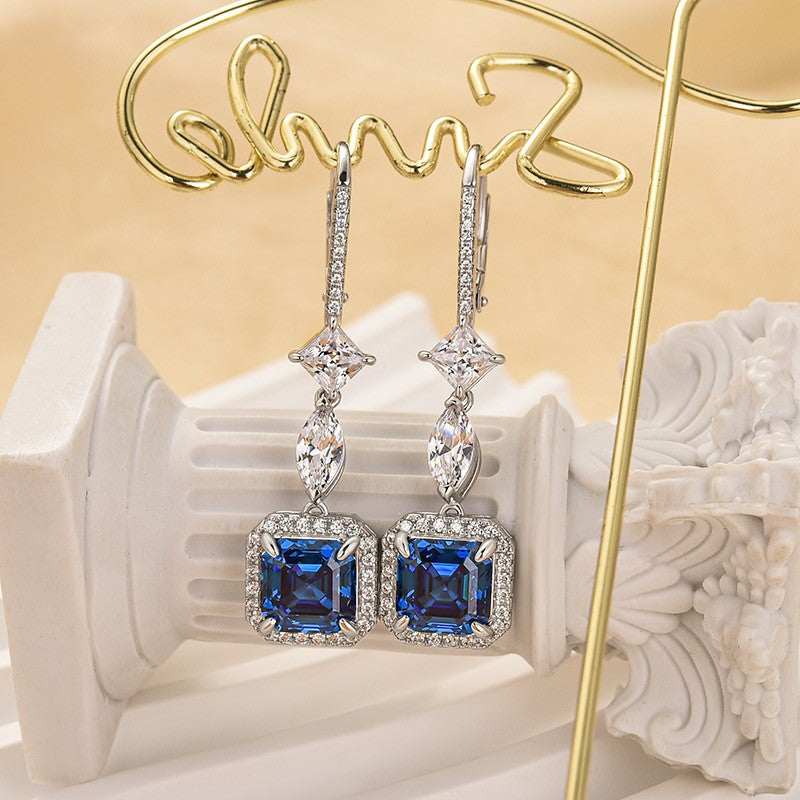 2.0Ct Asscher Cut Blue Stone Drop Earrings In Sterling Silver