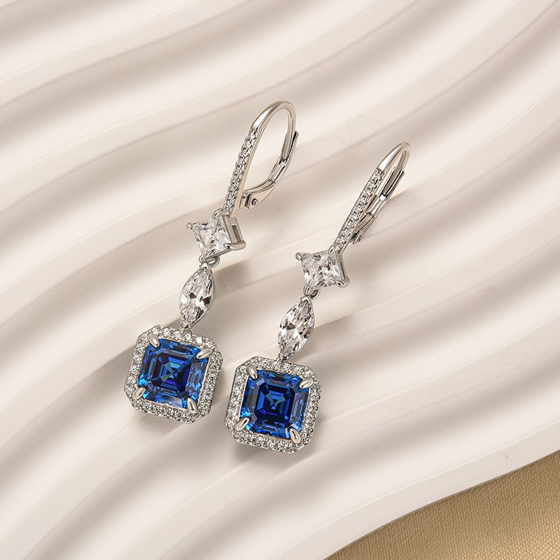 2.0Ct Asscher Cut Blue Stone Drop Earrings In Sterling Silver
