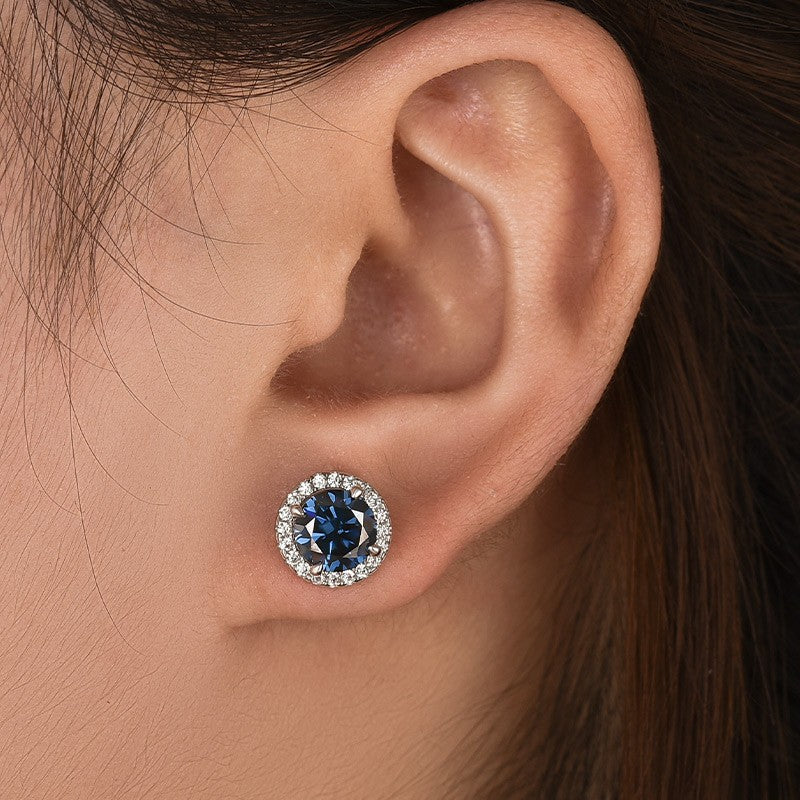 S925 Moissanite 1.2Ct Blue Halo Round Cut 18K White Gold Plated Stub Earrings