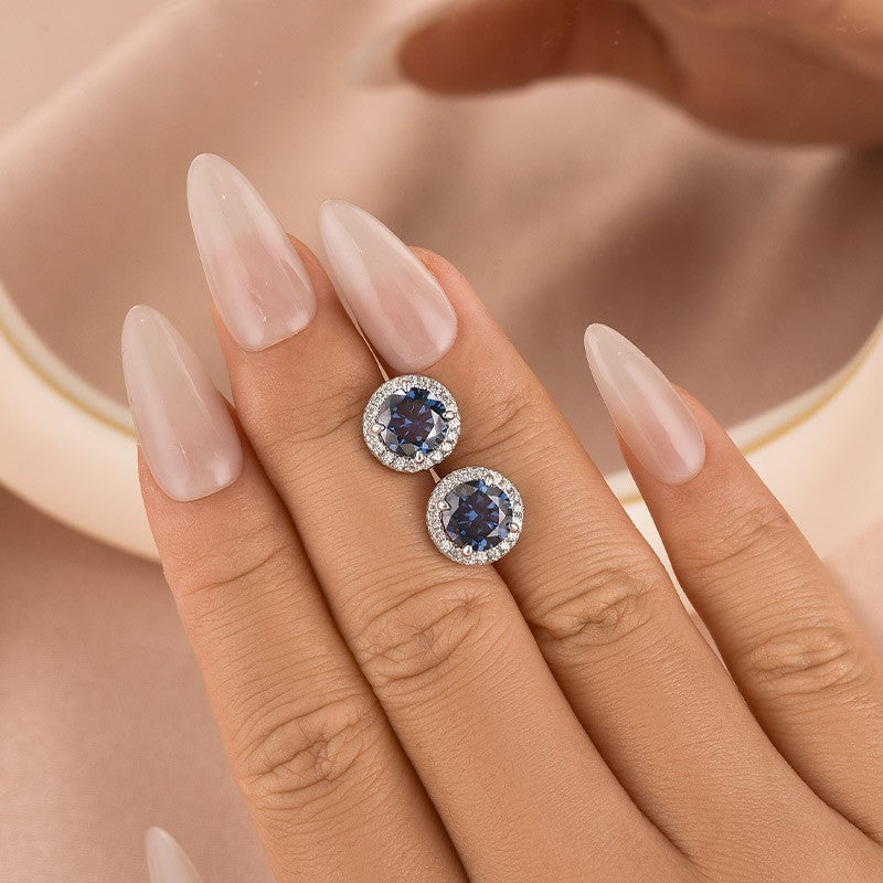S925 Moissanite 1.2Ct Blue Halo Round Cut 18K White Gold Plated Stub Earrings