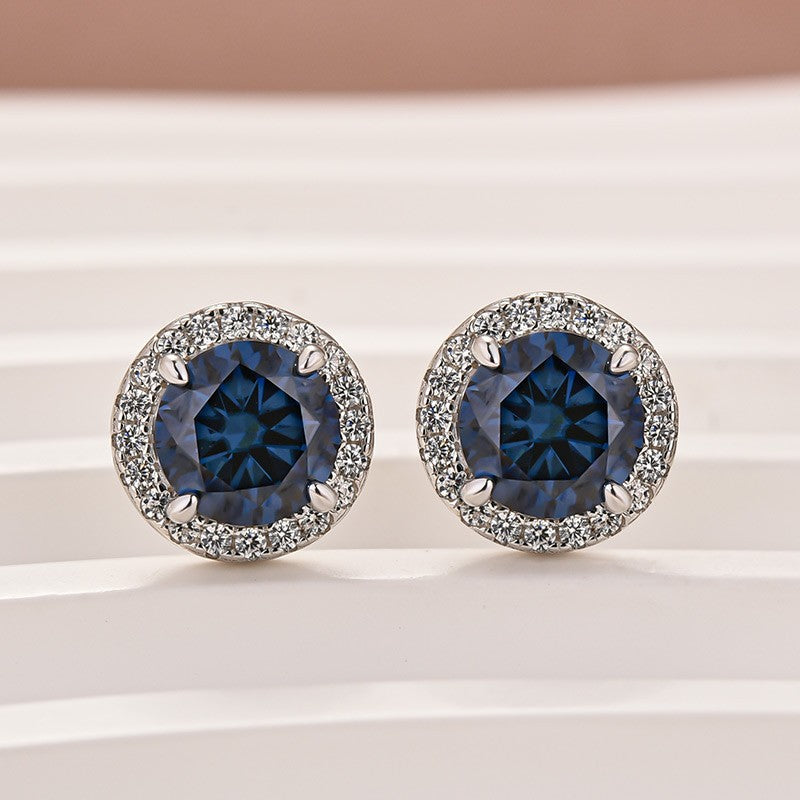 S925 Moissanite 1.2Ct Blue Halo Round Cut 18K White Gold Plated Stub Earrings