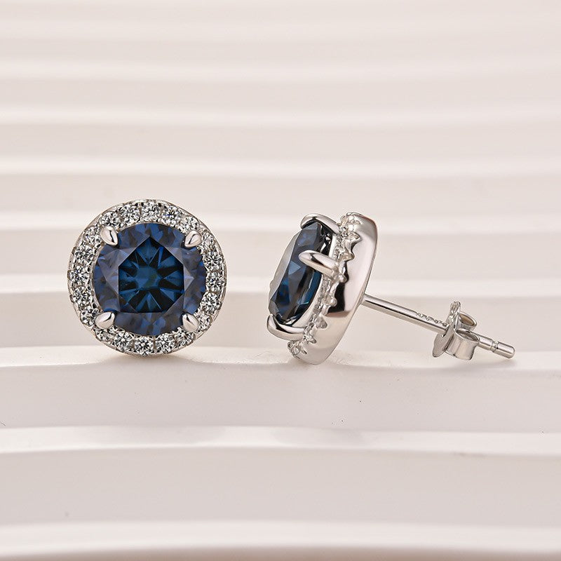 S925 Moissanite 1.2Ct Blue Halo Round Cut 18K White Gold Plated Stub Earrings