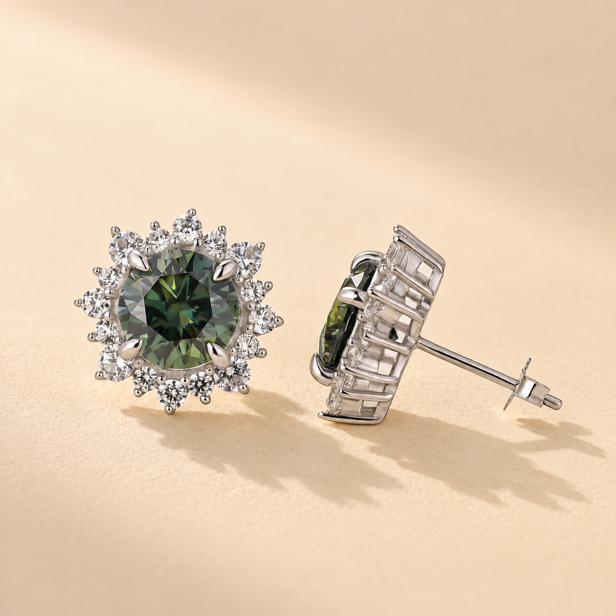 Moissanite 2.0Ct*2 Round Halo Green Nature-inspired Stud Earrings In Sterling Silver
