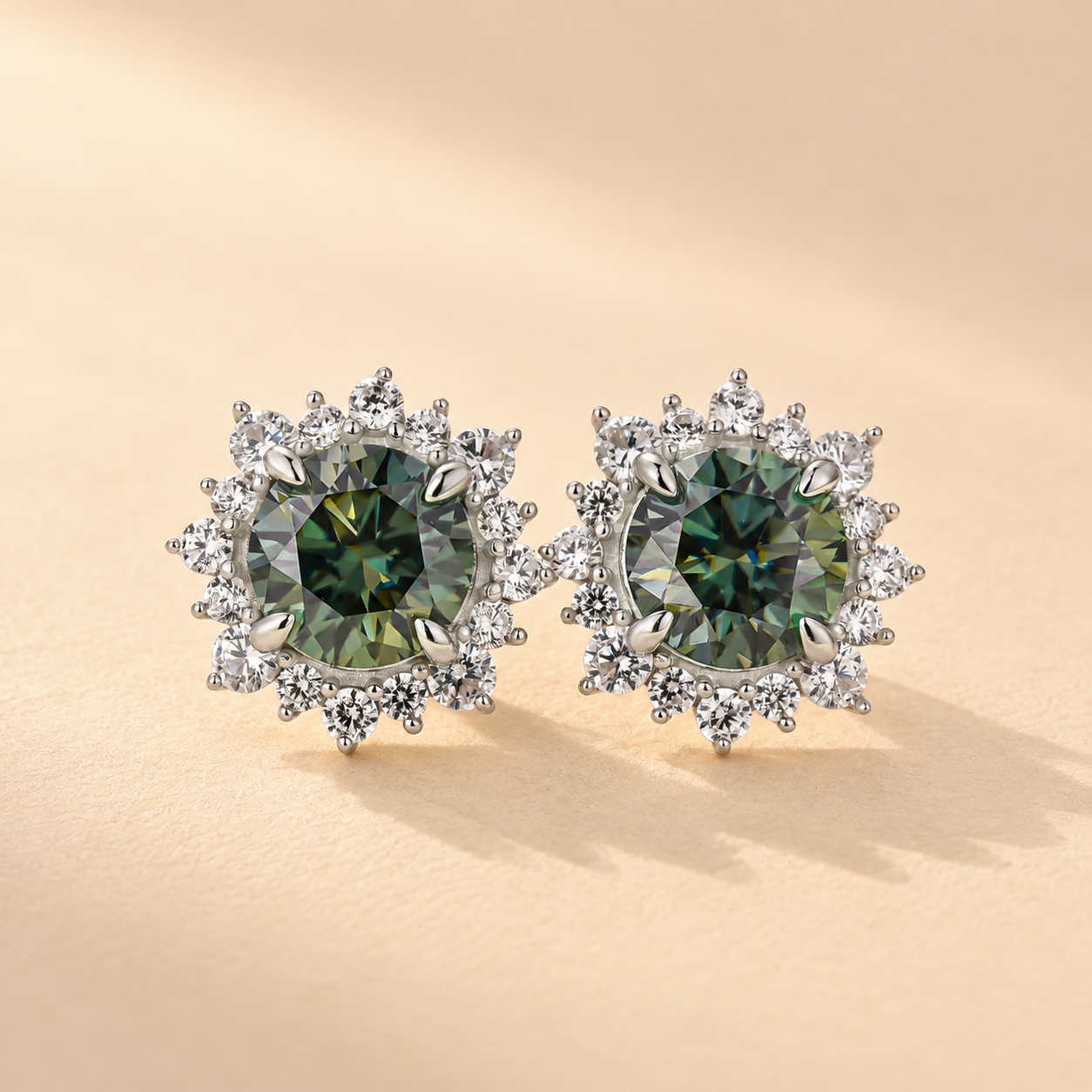 Moissanite 2.0Ct*2 Round Halo Green Nature-inspired Stud Earrings In Sterling Silver