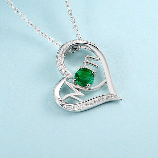 Louily Mother's Day Gift Heart Shape Mom Green Stone Round Cut Necklace