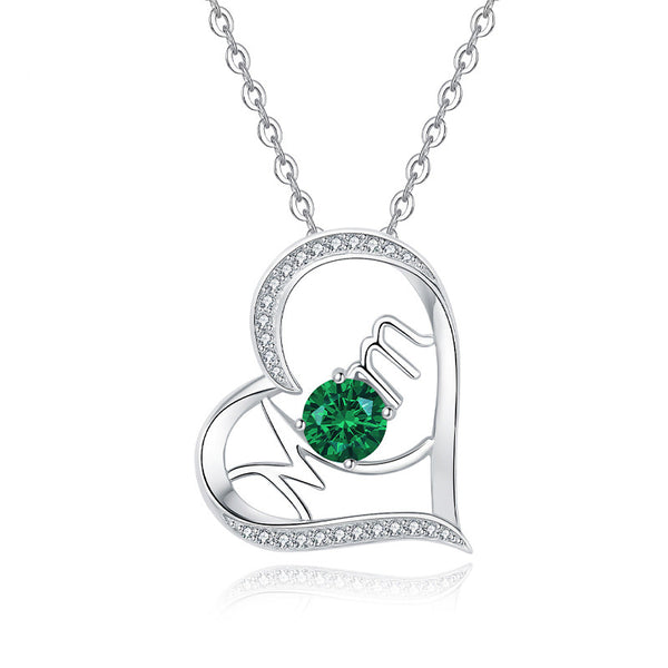 Louily Mother's Day Gift Heart Shape Mom Green Stone Round Cut Necklace