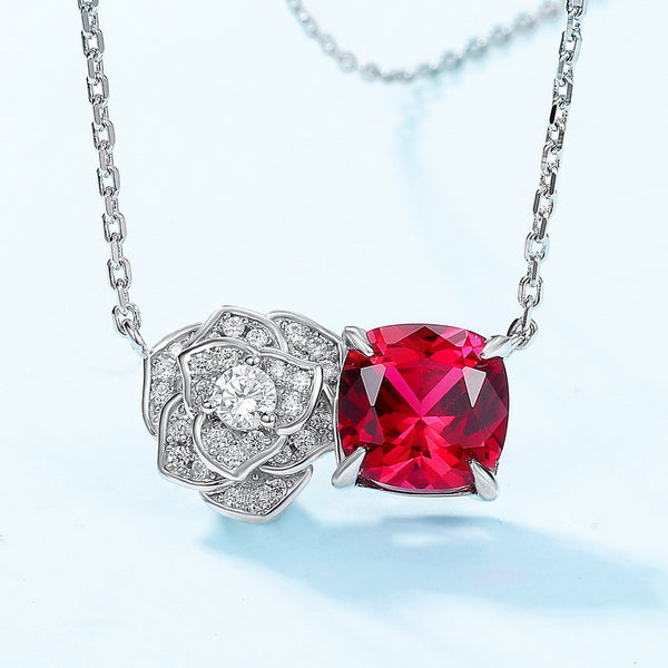 Louily Mother's Day Gift Rose Ruby Cushion Cut Necklace