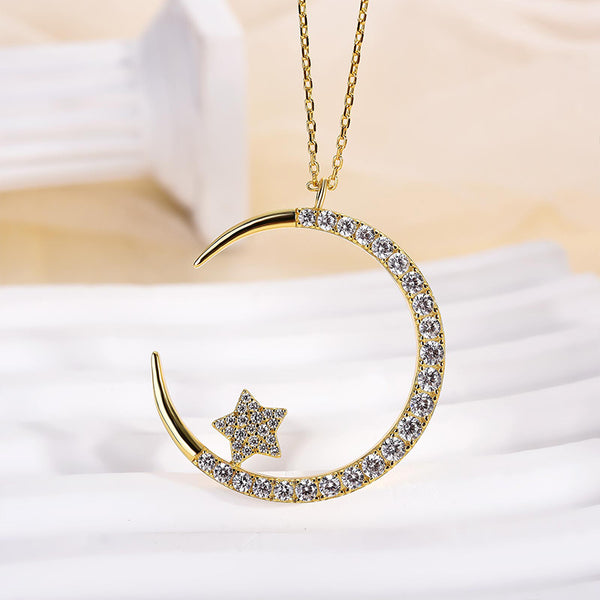 Louily Yellow Gold Moon Design Round Cut Star Design Necklace In Sterling Silver