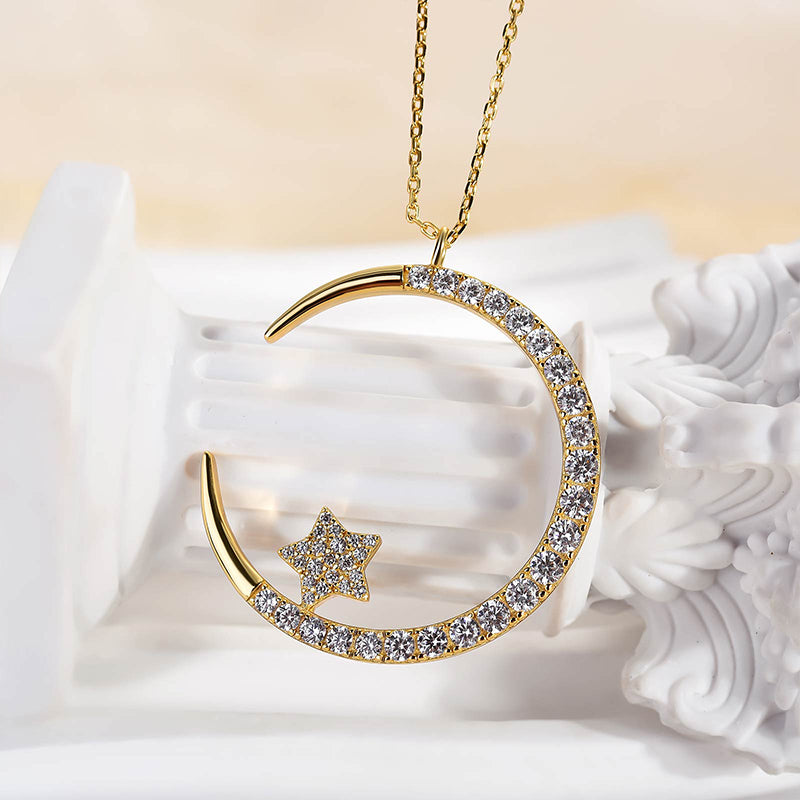 Louily Yellow Gold Moon Design Round Cut Star Design Necklace In Sterling Silver - louilyjewelry