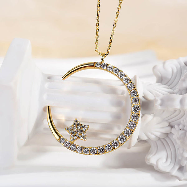 Louily Yellow Gold Moon Design Round Cut Star Design Necklace In Sterling Silver