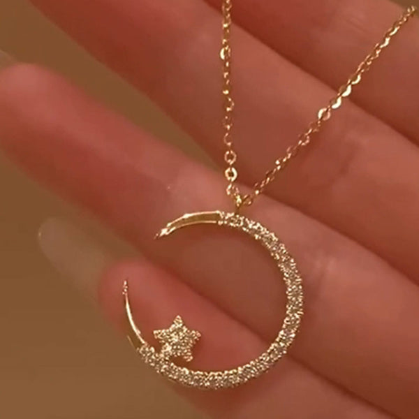 Louily Yellow Gold Moon Design Round Cut Star Design Necklace In Sterling Silver