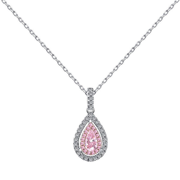 Louily Pink Stone Double Halo Pear Cut Women's Necklace