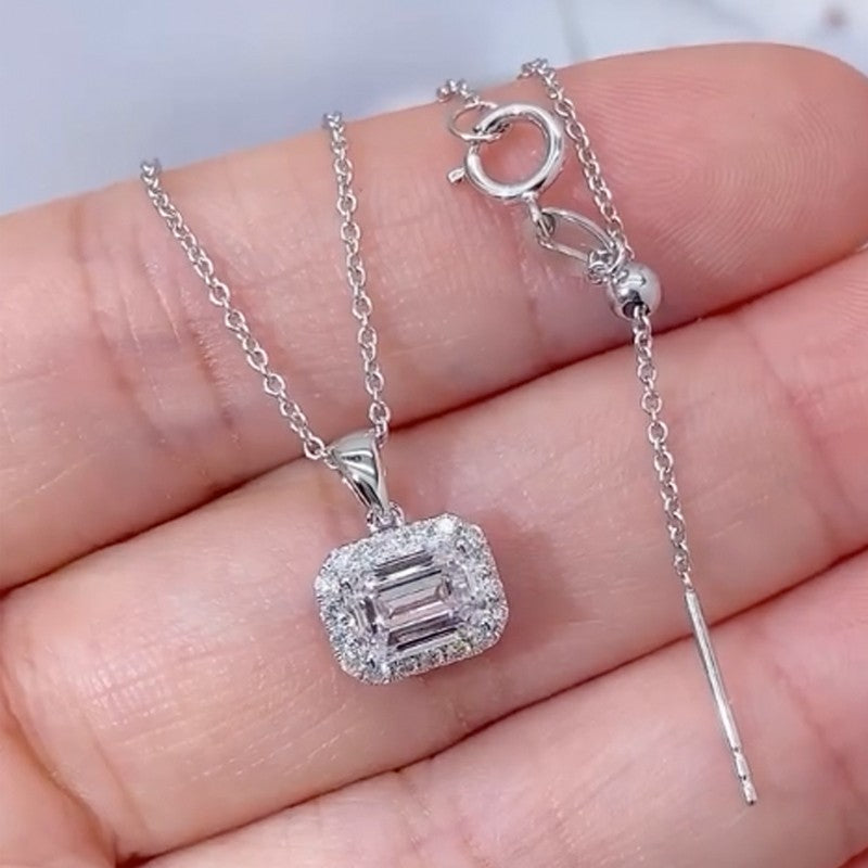 Sterling Silver Halo Emerald Cut Pendant Necklace For Women - louilyjewelry