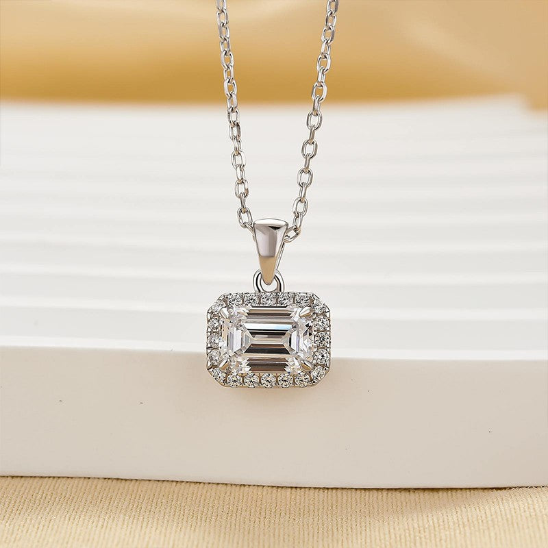 Sterling Silver Halo Emerald Cut Pendant Necklace For Women - louilyjewelry