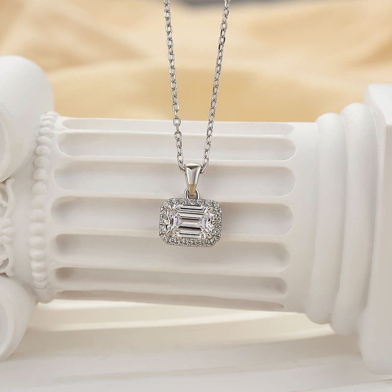 Sterling Silver Halo Emerald Cut Pendant Necklace For Women - louilyjewelry
