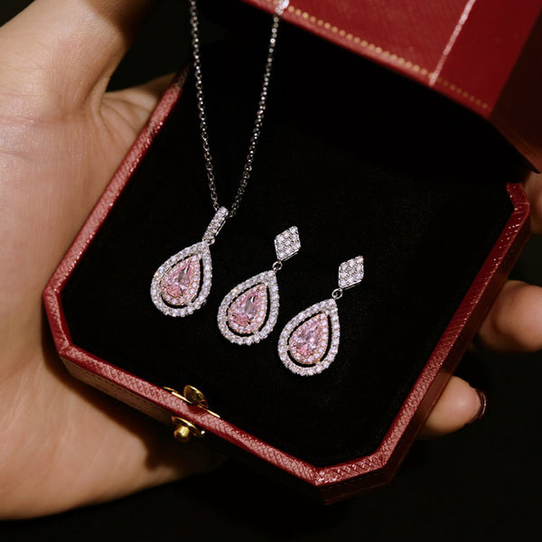 Louily Pink Stone Double Halo Pear Cut 2PC Jewelry Set