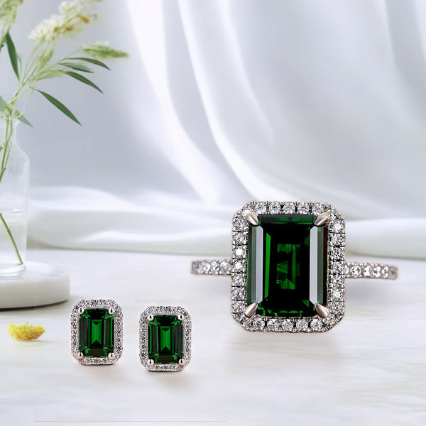 Louily Vintage Halo Emerald Cut Emerald Green 2PC Jewelry Set