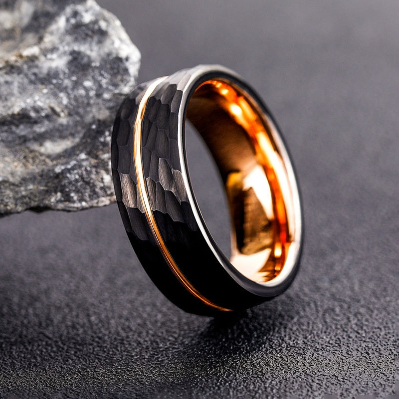 Men's Tungsten Steel Ring with Dual-Tone Hammered Satin Finish