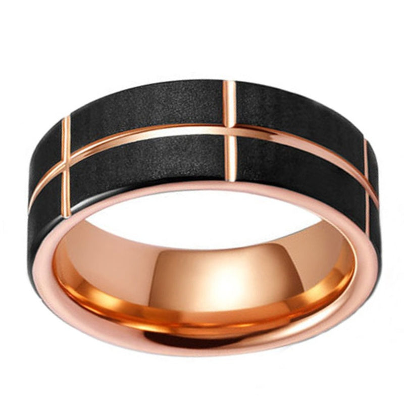 Stylish Frosted Rose Gold And Black Tungsten Steel Men's Ring