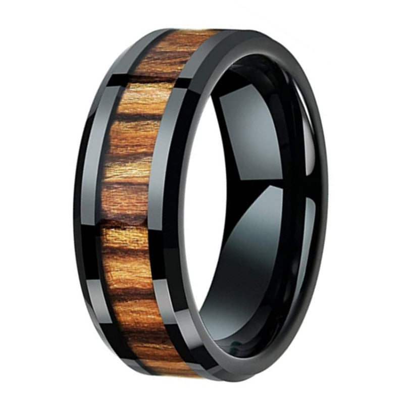 Fashion Tungsten Steel Ring Black Gold Wood Veneer Men's Ring