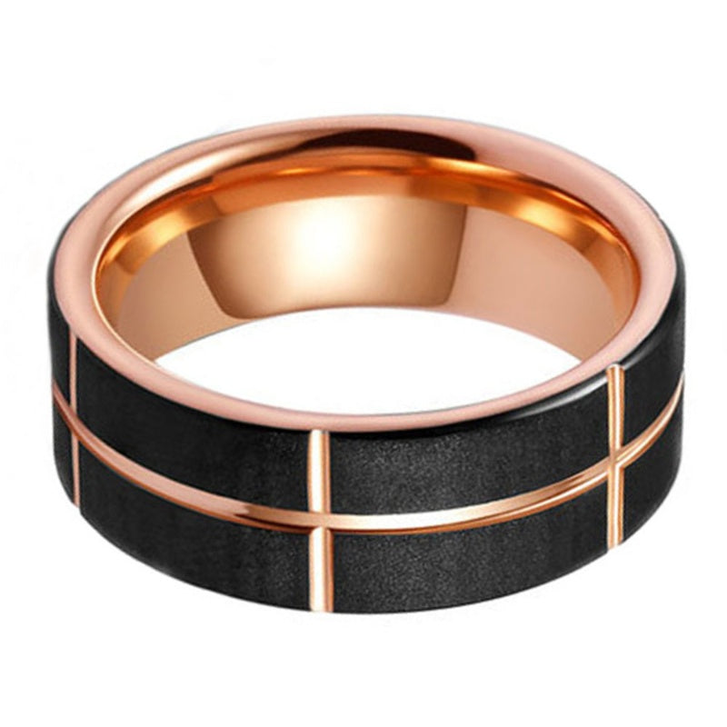 Stylish Frosted Rose Gold And Black Tungsten Steel Men's Ring