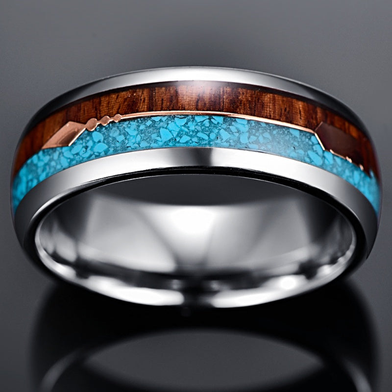 Tungsten Steel Men's Wedding Band with Wood and Turquoise Inlay