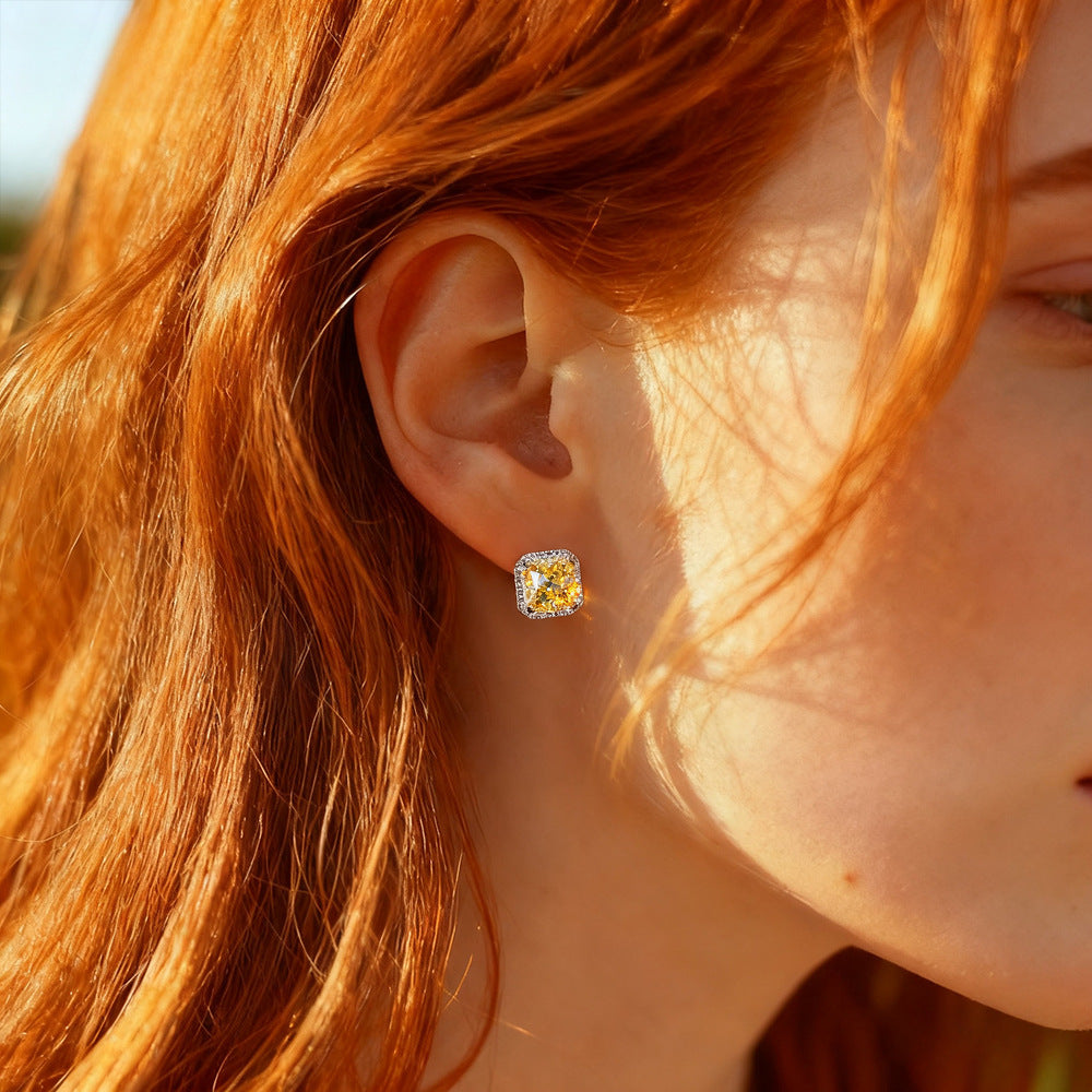 4.0 Carat Yellow Sapphire Halo Square Princess Cut Sterling Silver Women's Stud Earrings