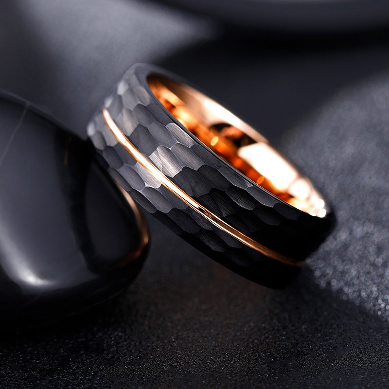 Men's Tungsten Steel Ring with Dual-Tone Hammered Satin Finish