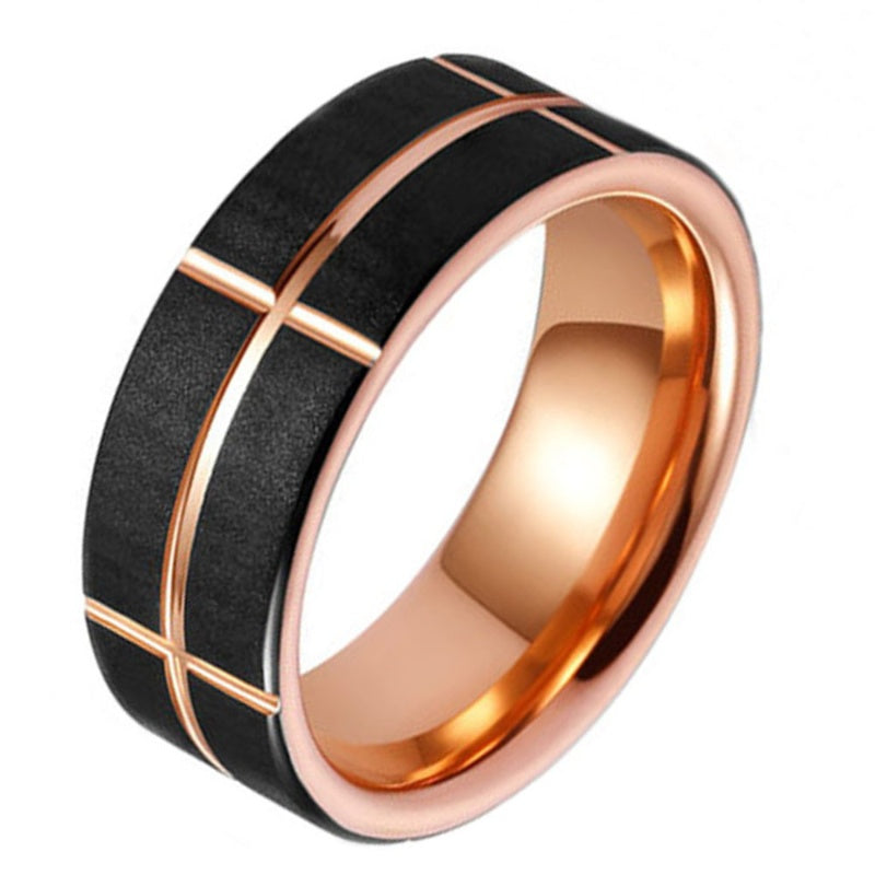Stylish Frosted Rose Gold And Black Tungsten Steel Men's Ring