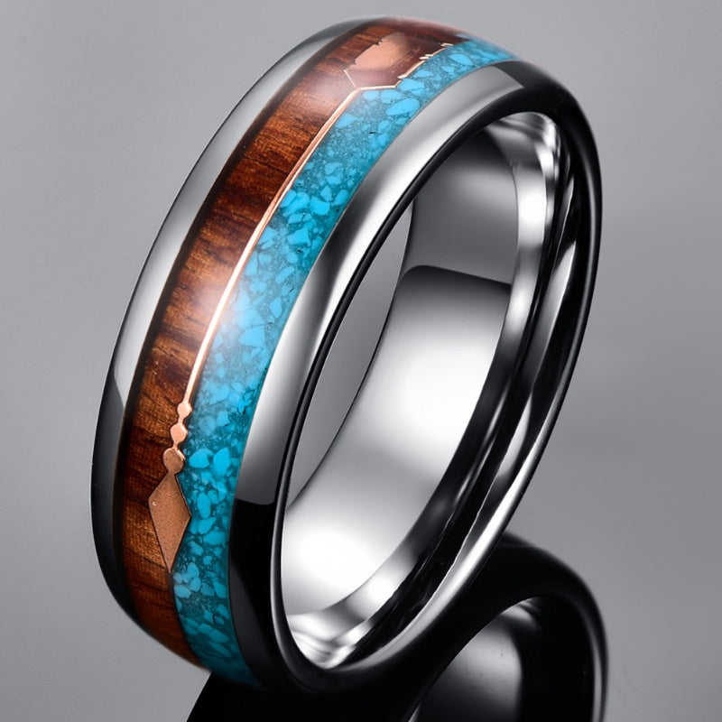 Tungsten Steel Men's Wedding Band with Wood and Turquoise Inlay
