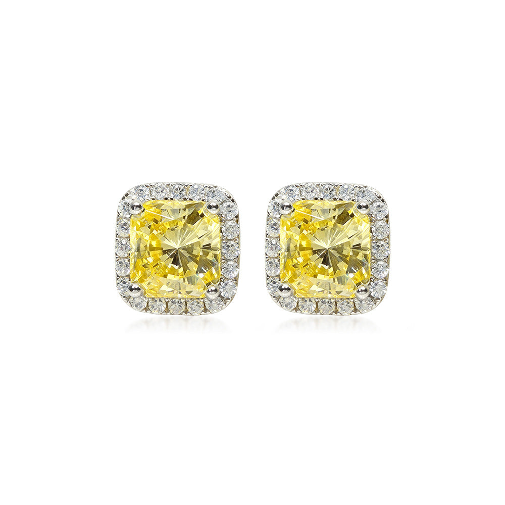 4.0 Carat Yellow Sapphire Halo Square Princess Cut Sterling Silver Women's Stud Earrings