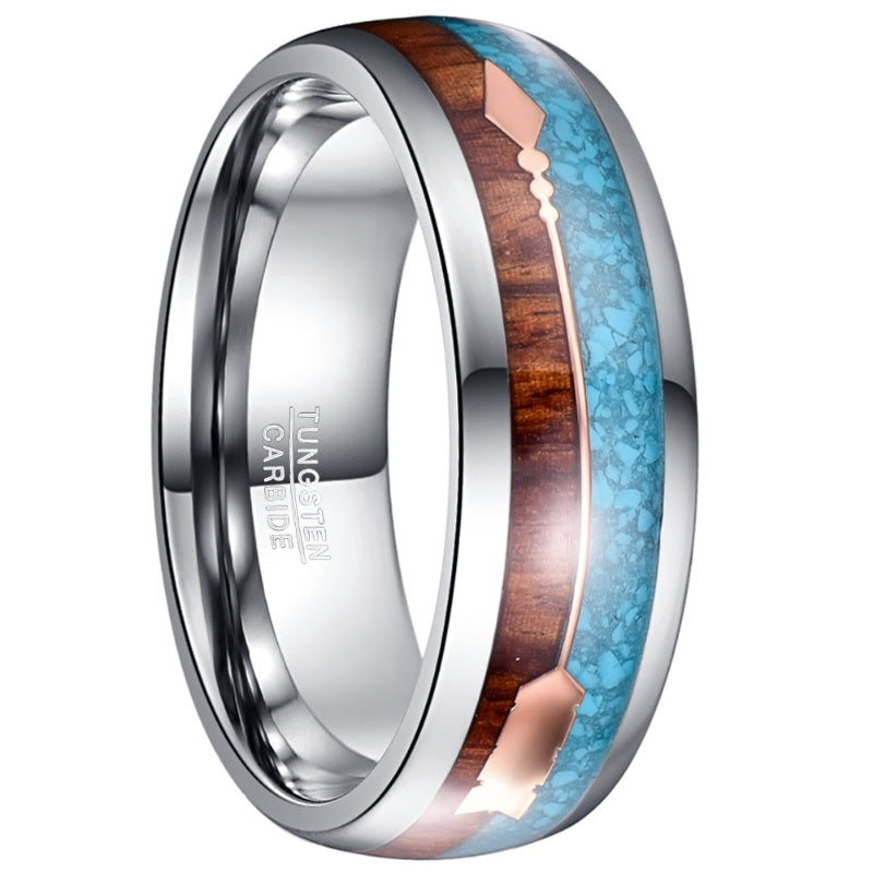 Tungsten Steel Men's Wedding Band with Wood and Turquoise Inlay