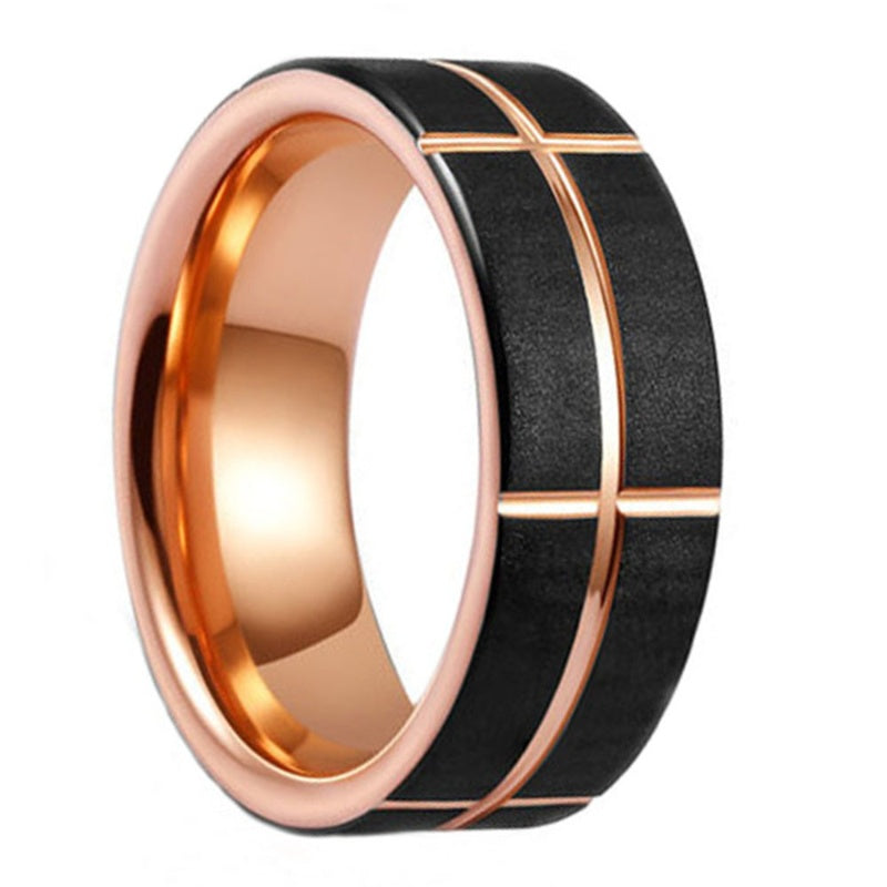 Stylish Frosted Rose Gold And Black Tungsten Steel Men's Ring