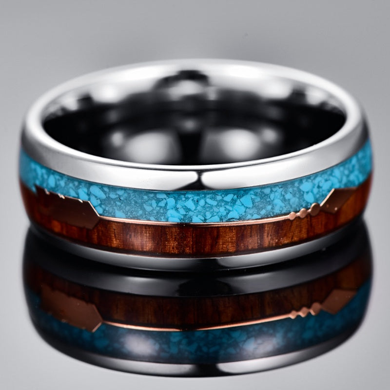 Tungsten Steel Men's Wedding Band with Wood and Turquoise Inlay