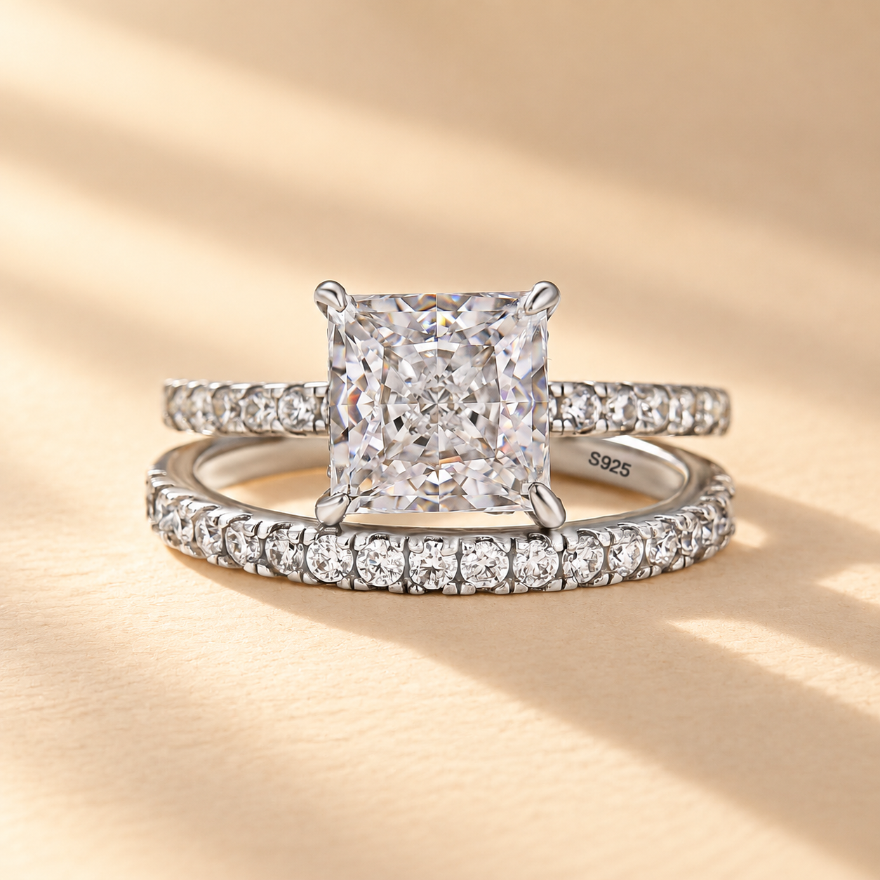 Square 2.0Ct Princess Cut Wedding Ring Set In Sterling Silver Stackable Ring Set