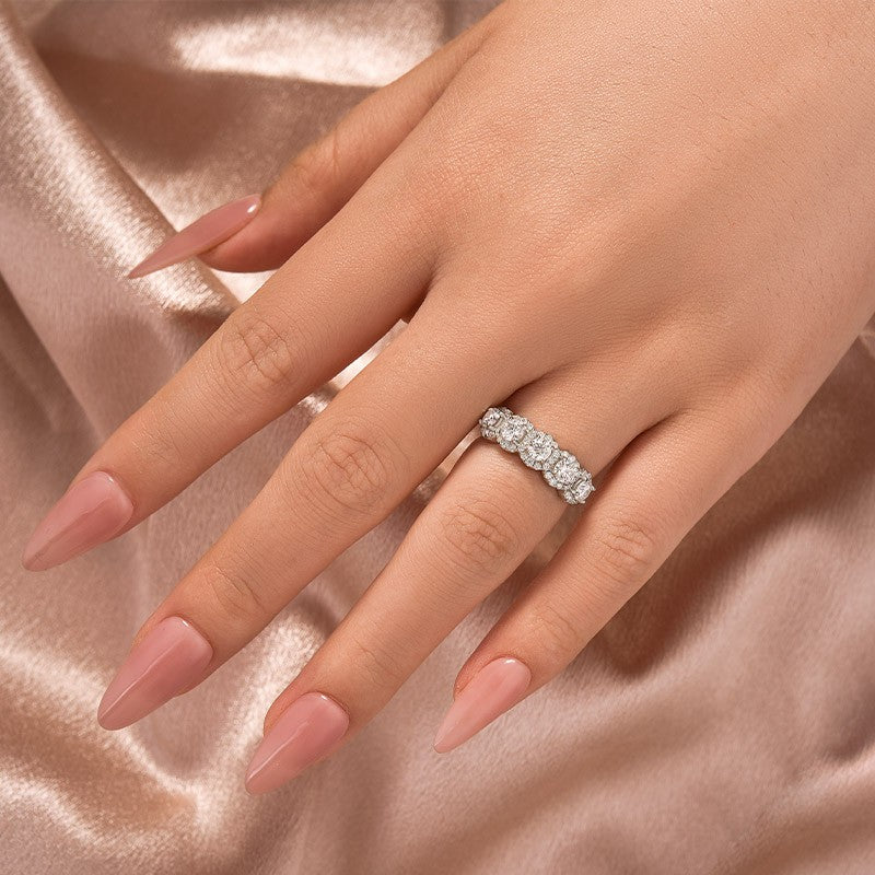 Moissanite Halo Five Stone White Gold Anniversary Ring In Sterling Silver - louilyjewelry